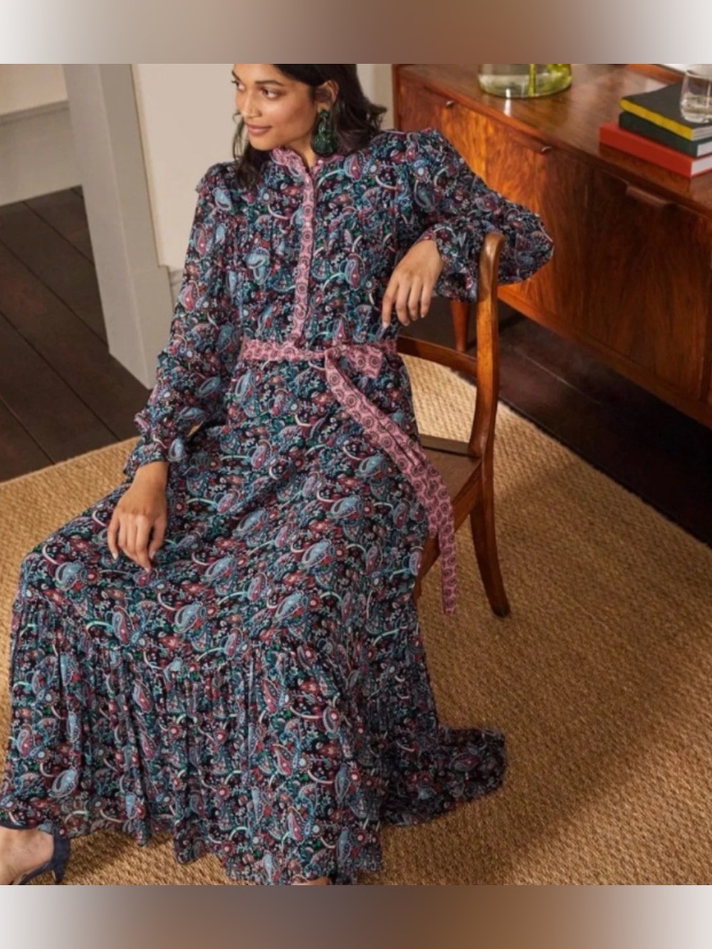 Boden Tie Belt Blue and Pink Paisley Maxi Dress size 6 - Picture 2 of 11